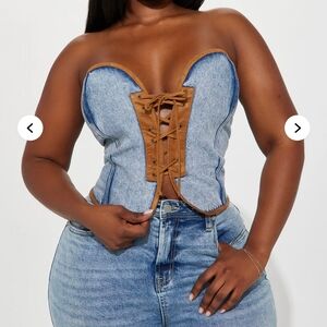 Fashion Nova Denim and Tan Lace-Up Corset Top
